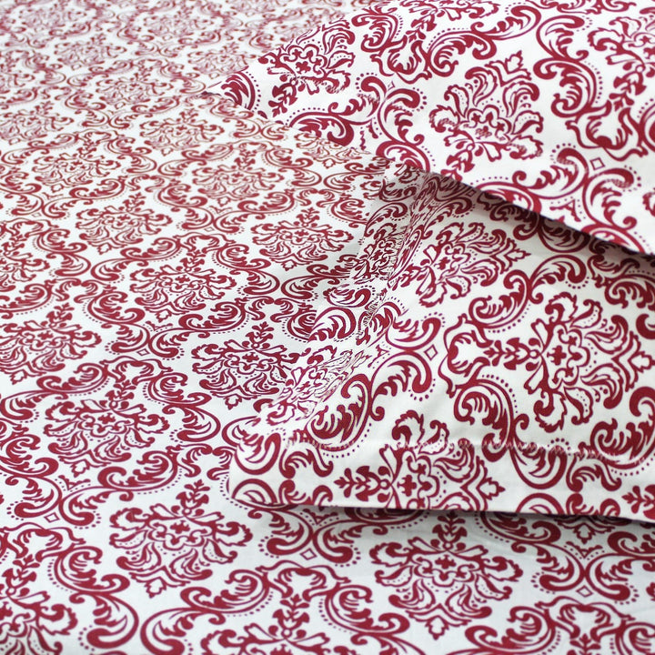 Soft Cotton Damask Print 144 TC Fitted Bedsheet In Maroon At Best Prices 