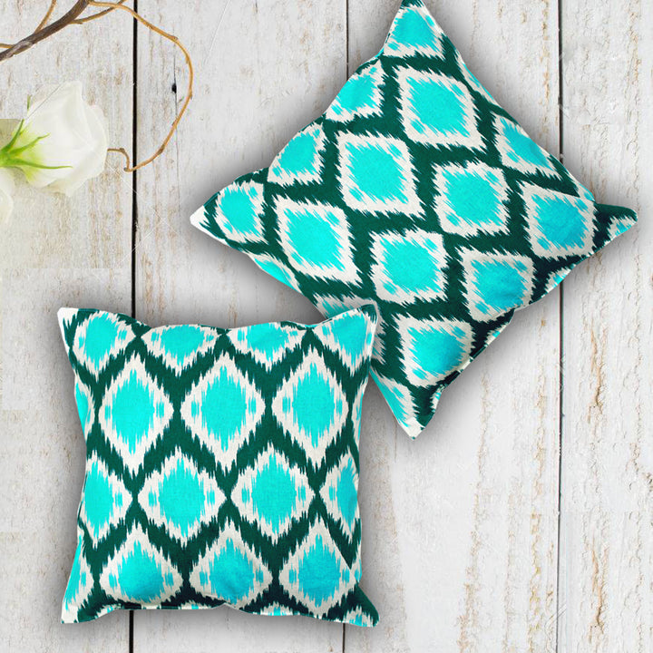 Soft Ikat print Aqua Cotton Cushion Cover Set online in India