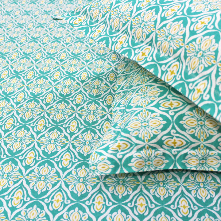 Soft Cotton Ikat Print 144 TC Cotton Fitted Bedsheet In Aqua At Best Prices 